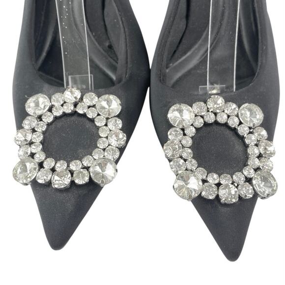 Zara Black Embellished Rhinestone Pointed Slingback Pumps Kitten Heels Size 9 - Picture 5 of 6
